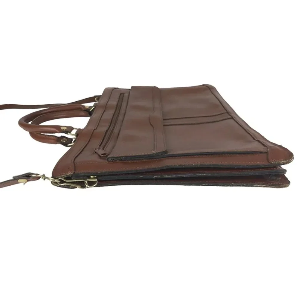 Unisex Brown Leather Pockets Dividers Detachable Strap‎ Double Handles Bag